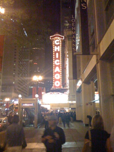 City of Chicago landmark sign lit up at night