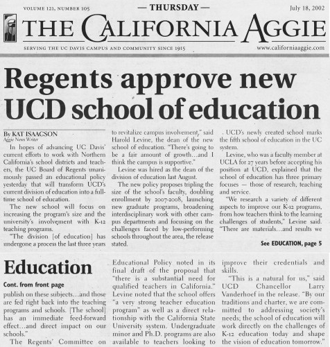 Clipping from the California Aggie newspaper with headline "Regents approve new UCD school of education"