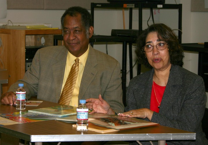 Fred and Patricia McKissack speaking with UC Davis School of Education students during their Words Take Wing visit in 2007