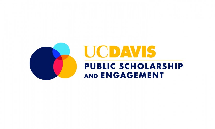 UC Davis Public Scholarship and Engagement logo with three overlapping circles in dark blue, light blue and yellow which are red at the overlap