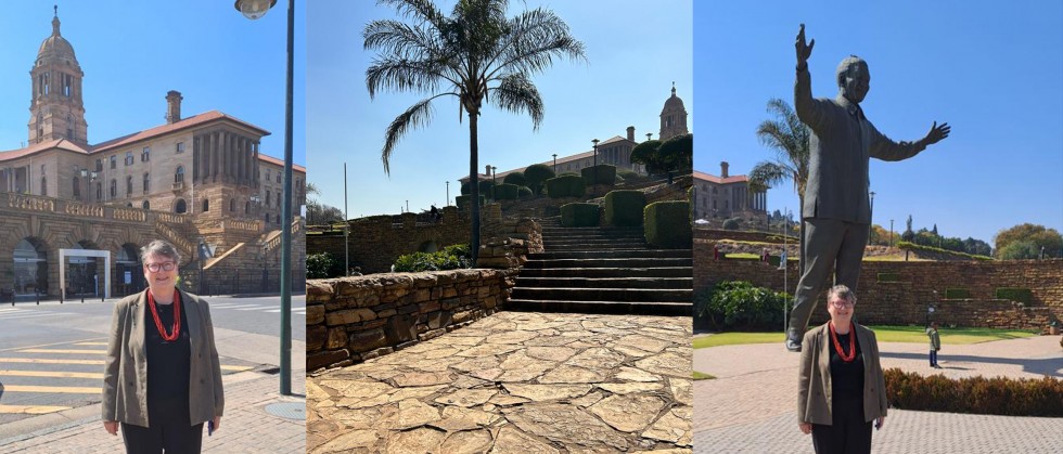 From left to right: Lauren Lindstrom standing in front of the Union Buildings in Pretoria;A scenic photos of stone stairs leading to the Union Buildings in Pretoria; Lauren Lindstrom standing in front of a large statue of Nelson Mandela.