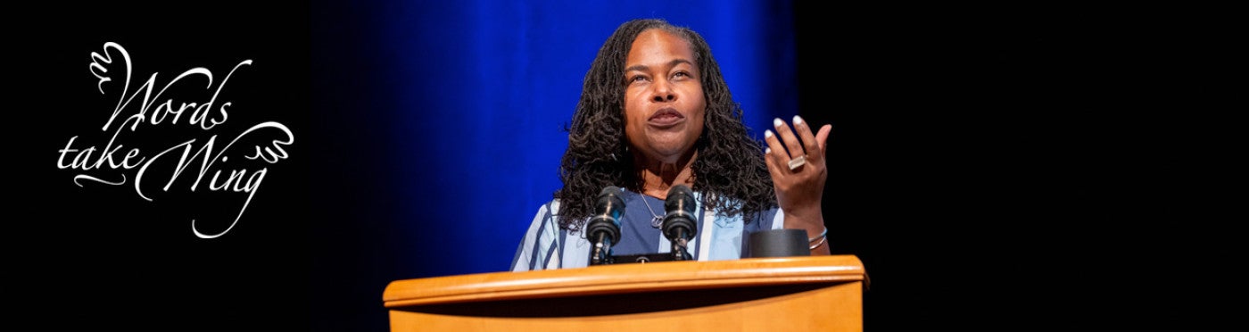 Renee Watson speaking at podium at Mondavi Center