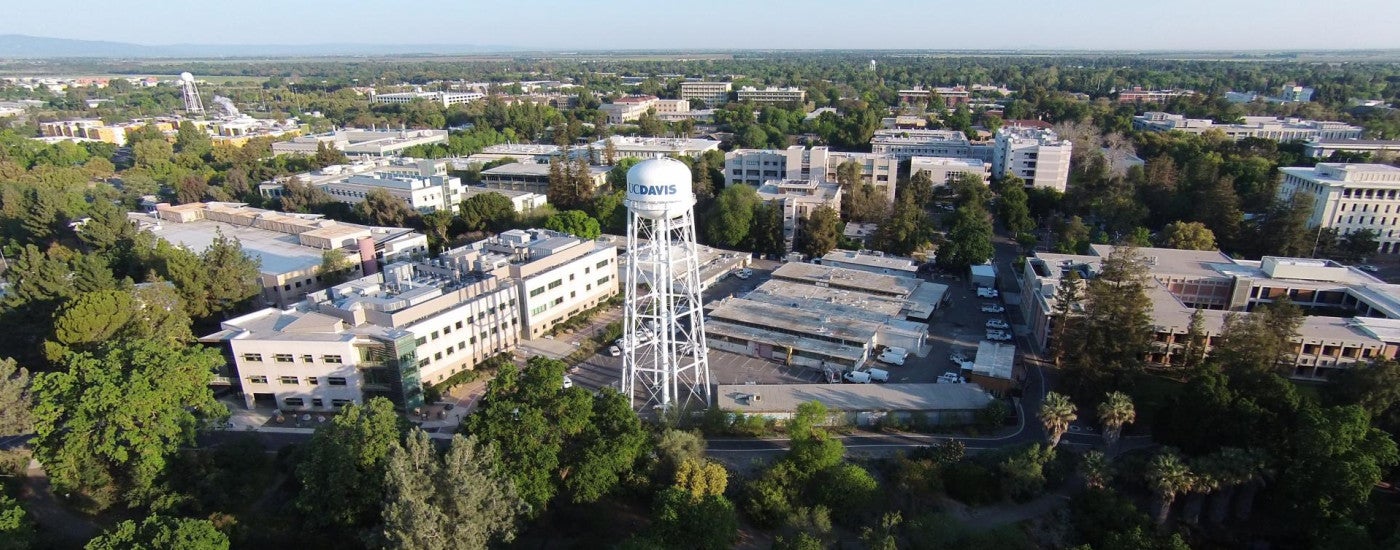 Aerial photo of UC Davis campus with watertower in center
