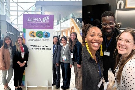 Two photos: On the left, five women pose around an AERA welcome banner. On the right, three people wearing lanyards, gather together for a selfie.