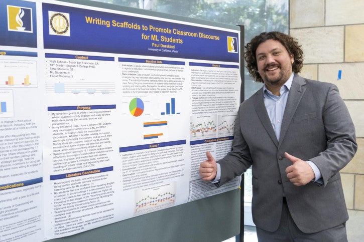 A man in a suit gives two thumbs up beside his academic poster titled "Writing Scaffolds to Promote Classroom Discourse for ML Students," presenting data and charts.