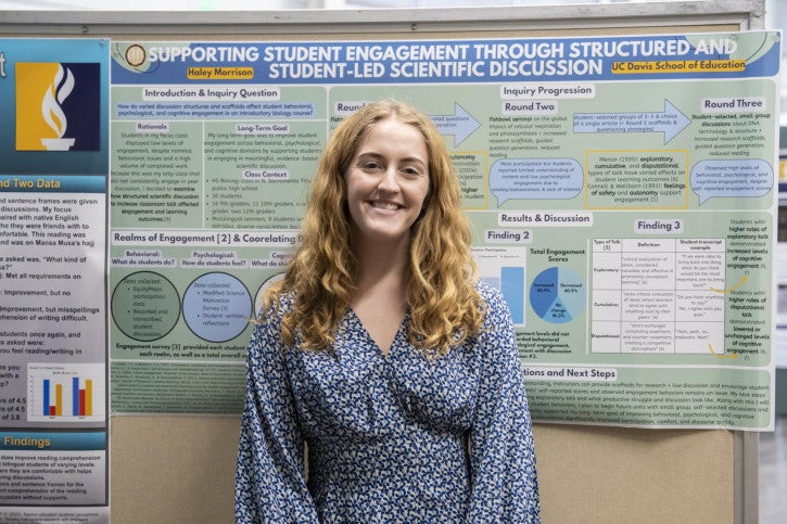 A young woman with long curly hair stands smiling in front of an academic poster titled "Supporting Student Engagement Through Structured and Student-Led Scientific Discussion." She wears a blue patterned blouse. 