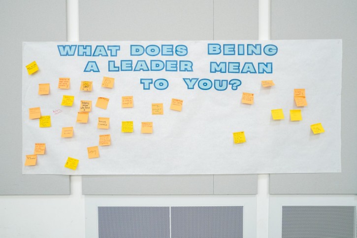 A piece of butcher paper with the title "What Does Being a Leader Mean to You?" The paper is covered with sticky notes.