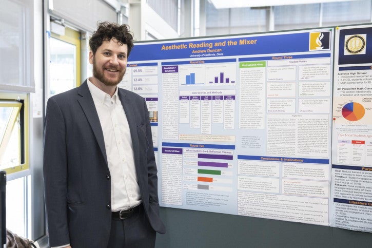 A man in a suit stands smiling next to a detailed research poster titled "Aesthetic Reading and the Mixer," featuring colorful charts and text.