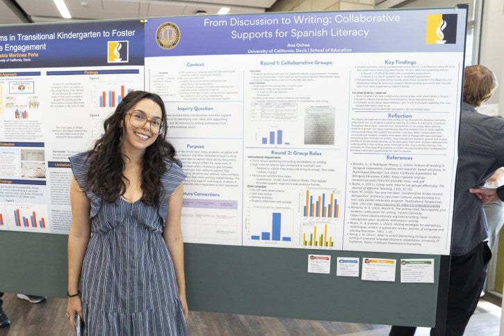 Smiling woman stands next to a research poster titled "From Discussion to Writing: Collaborative Supports for Spanish Literacy," featuring graphs and text.