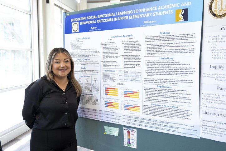 Smiling woman stands beside a research poster on social-emotional learning in elementary students. The poster features text, charts, and graphs.