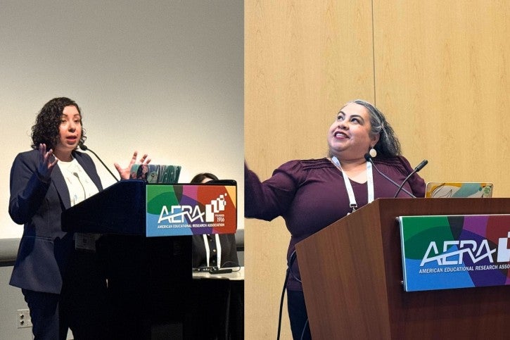 Two photos: On the left, Claudia Rodriguez-Mojica stands at a podium and speaks into a microphone. On the right, Marcela Cuellar stands at a podium, turning to the side to gesture toward a projector screen.