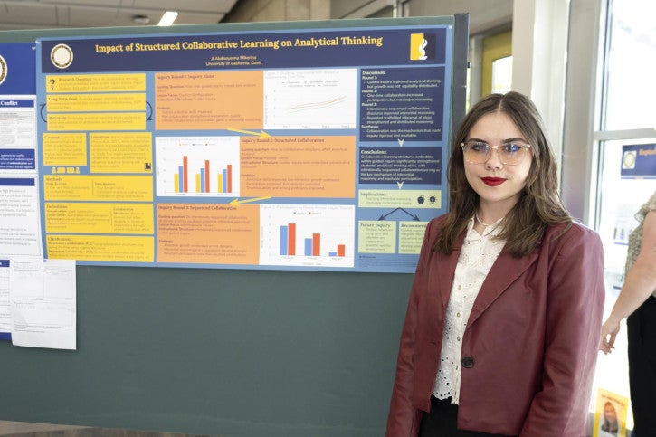 A person in a maroon blazer stands beside an academic poster titled "Impact of Structured Collaborative Learning on Analytical Thinking," which displays charts and text data.