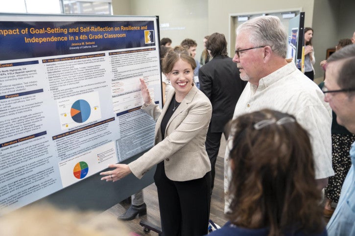 Young woman presenting a research poster on goal-setting in a classroom, engaging with an attentive audience. The scene conveys excitement and academic focus.