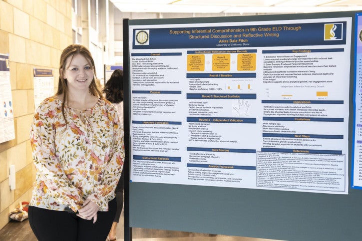 A woman stands smiling beside a detailed academic poster on inferential comprehension strategies in English language development.