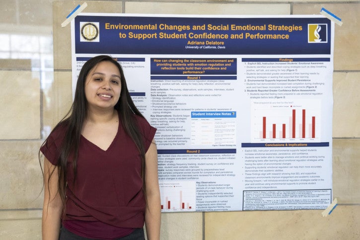 Young woman in a burgundy top stands smiling in front of a research poster. The poster includes charts and text about supporting student confidence.