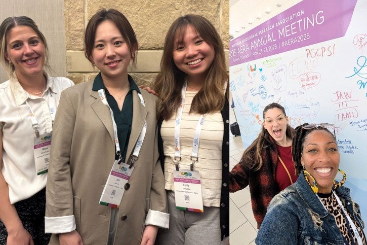 Two photos: On the left, three women wearing lanyards pose against a tan wall for a photo. On the right, two women take a selfie photo while standing against an AERA display.