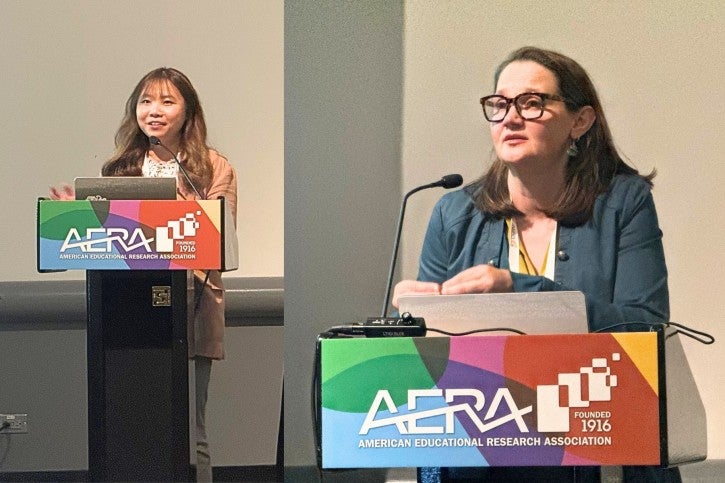 Two photos side by side of two women standing at podiums and speaking into microphones.