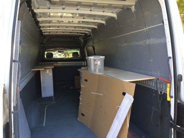 Van interior, early on. Testing locations for benches