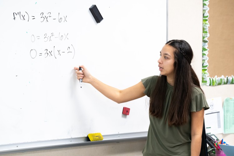 A female teacher with dark hair and a green shirt points to equations on the board.