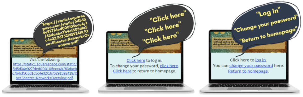 A graphic that shows three laptops with text bubbles, the first shows what a screen reader says when given a very long URL, the second shows the words "Click here" three times, and the third is done correctly and shows diffent hyperlinked text "Change your password" "Return to homepage" 