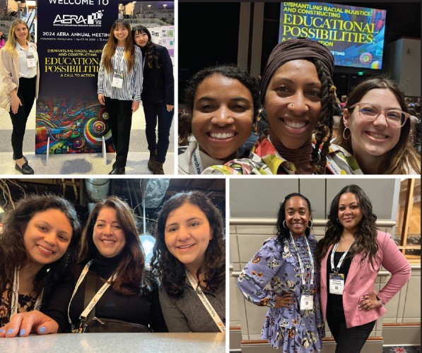 Collage of four photos of faculty and students posing at AERA 