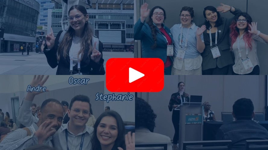 Four video stills. Clockwise from upper, lefthand corner: Téa smiles and waves at the camera, four Ph.D. students stand together and wave, a Téa stands at a podium, presenting research to an audience, and three Ph.D. students stand together and wave.