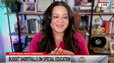 Image still from a news recording. The speaker is facing the camera, and the headline says "Budget Shortfalls on Special Education"