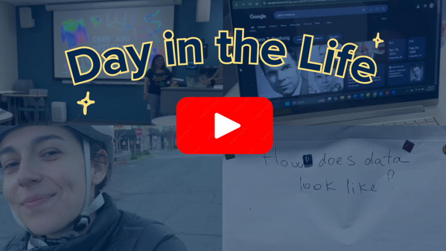 A screenshot of a Youtube thumbnail image that includes images of a woman wearing a bike helmet, a whiteboard in a classroom, and a laptop screen.