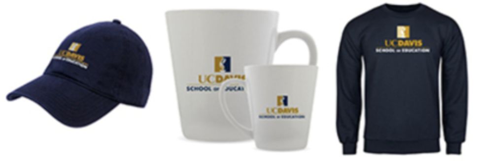 A hat, coffee mug, and long-sleeve shirt with "UC Davis School of Education" printed across them.