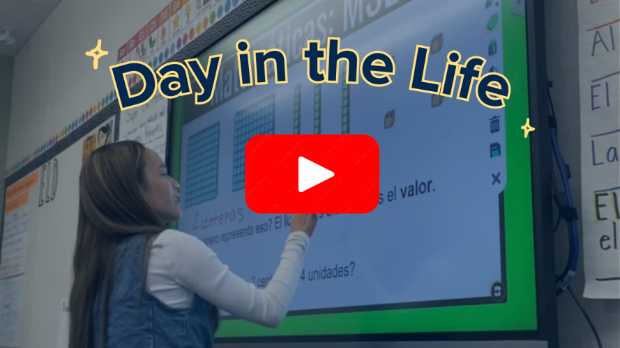 A Youtube thumbnail of a woman writing on a whiteboard, accompanied by the text "Day in the Life."