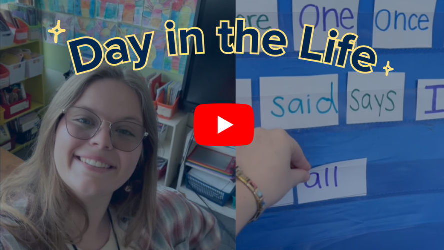 A woman wearing glasses poses for a selfie. A YouTube "play" button is superimposed over the photo with the words "Day in the Life."