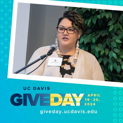 Give Day graphic in teal, blue and gold with a photo of a student speaking at a microphone