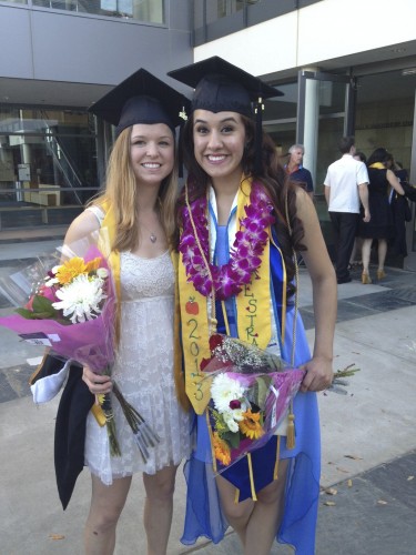 Lynn Romano (2012-13 Guardian Teacher Scholar) and Tanya Anaya (2013-14 Guardian Teacher Scholar) share their joy at the UC Davis School of Education Graduation ceremony in June 2013. Romano graduated with an MA; Anaya received her teaching credential.