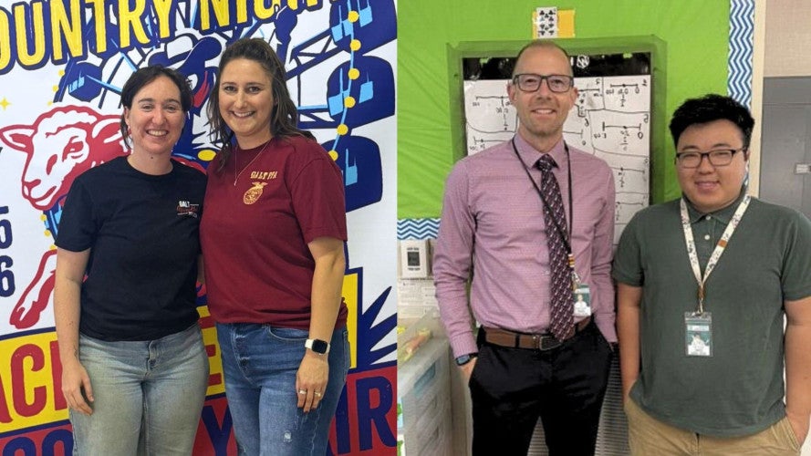Two sets of photos that include Caitlin Holder and Sarah Ronayne and Matthew Tealdi and Bryan Tan.