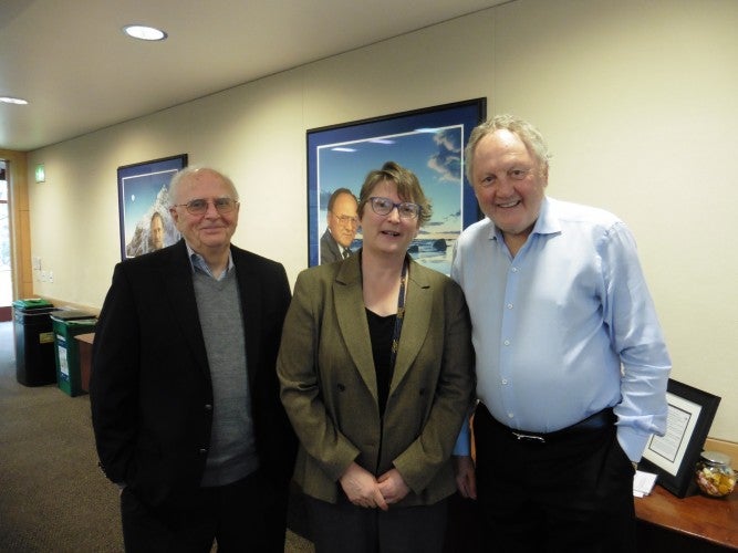 Portrait of Davis Campbell (left), Dean Lauren Lindstrom (middle) and Dr. Michael Fullan (right)