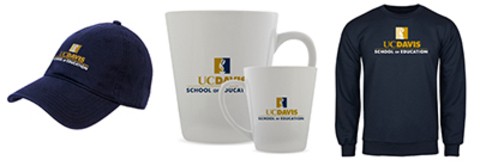 School of Education branded merchandise, including a baseball hat, mug, and sweatshirt