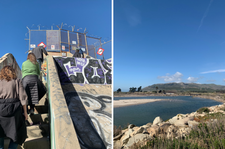 left: people walking up concrete stairs; right: large river estuary
