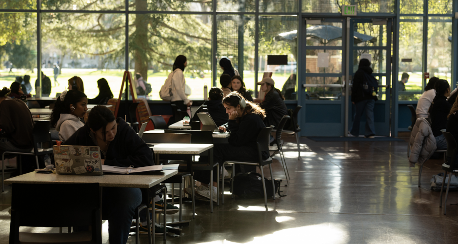 A crowded room with students sitting at separate tables and focusing on laptops.