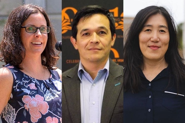 Headshots of Leslie Banes, Sergio Sanchez, and Joanna Wong, respectively.