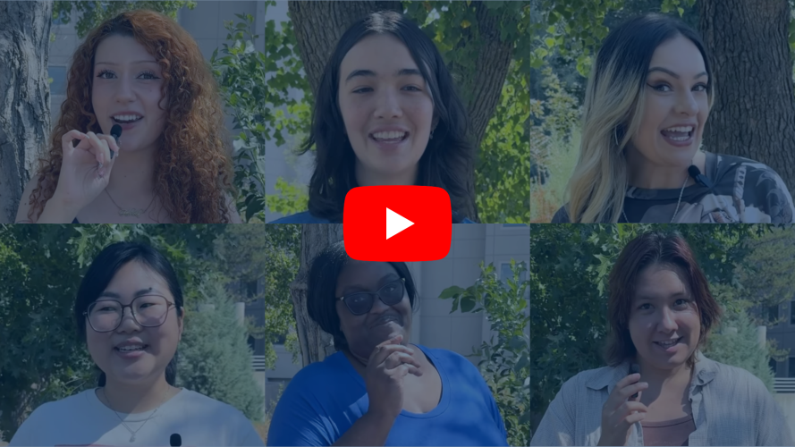 Video stills of six credential students speaking into a handheld microphone. The YouTube icon is superimposed over the two central screenshots.