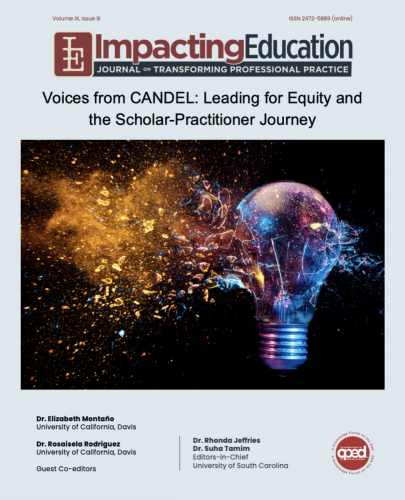 Cover of Impacting Education journal issue featuring CANDEL showing an exploding lightbulb on a black background