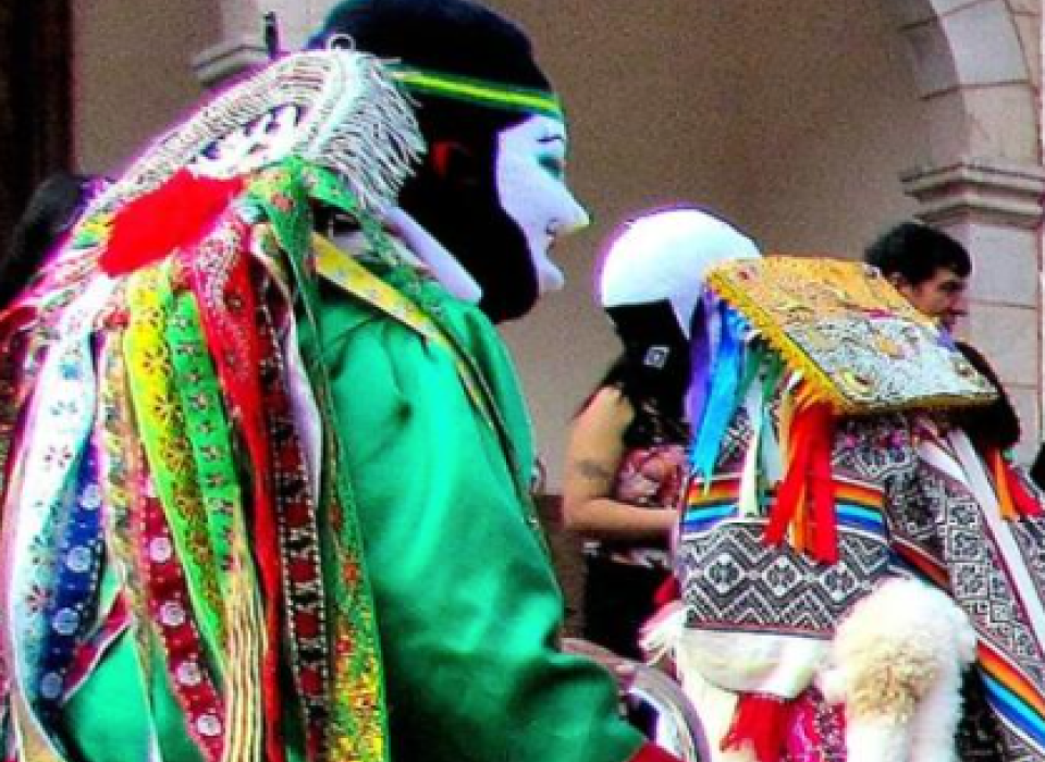 Costumed people dancing in a crowd 