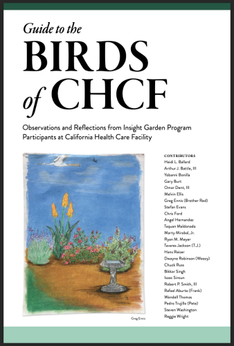 Guide book cover that reads "A Guide to the Birds of CHCF" with a watercolor painting of a garden. The book contributors are listed on the lower, right-hand side of the image.