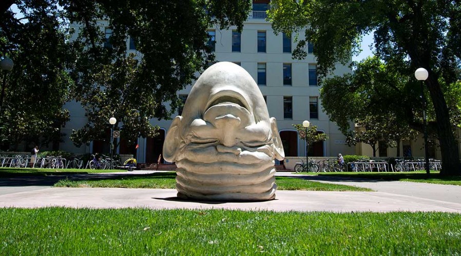UC Davis Egghead sculpture outside Mrak Hall