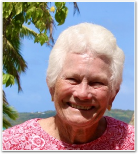 Portrait of Marsha Gurney-Speck against a blue sky with a palm tree in the background