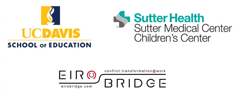 Logos of UC Davis School of Education, Sutter Health/Sutter Medical Center Children's Center and EiroBridge