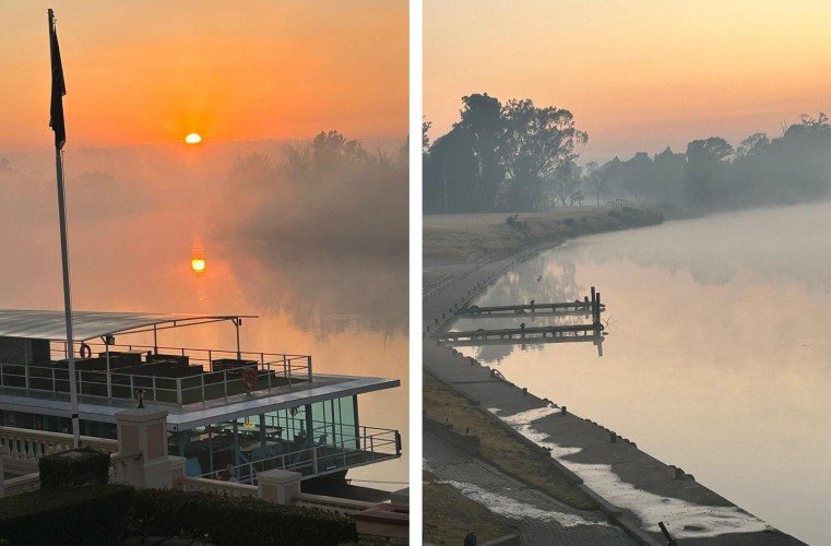 Two photos of a sunrise over a body of water.
